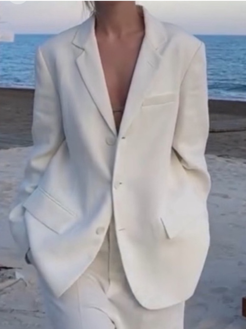 ZARA ZW COLLECTION Linen Blend Fitted Single Breasted Blazer Jacket Ecru L